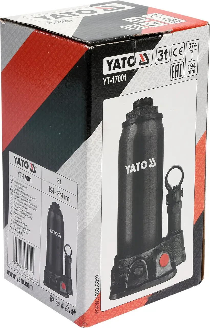 Домкрат гідравлічний пляшковий YATO YT-17001, 3 т 194-374 мм