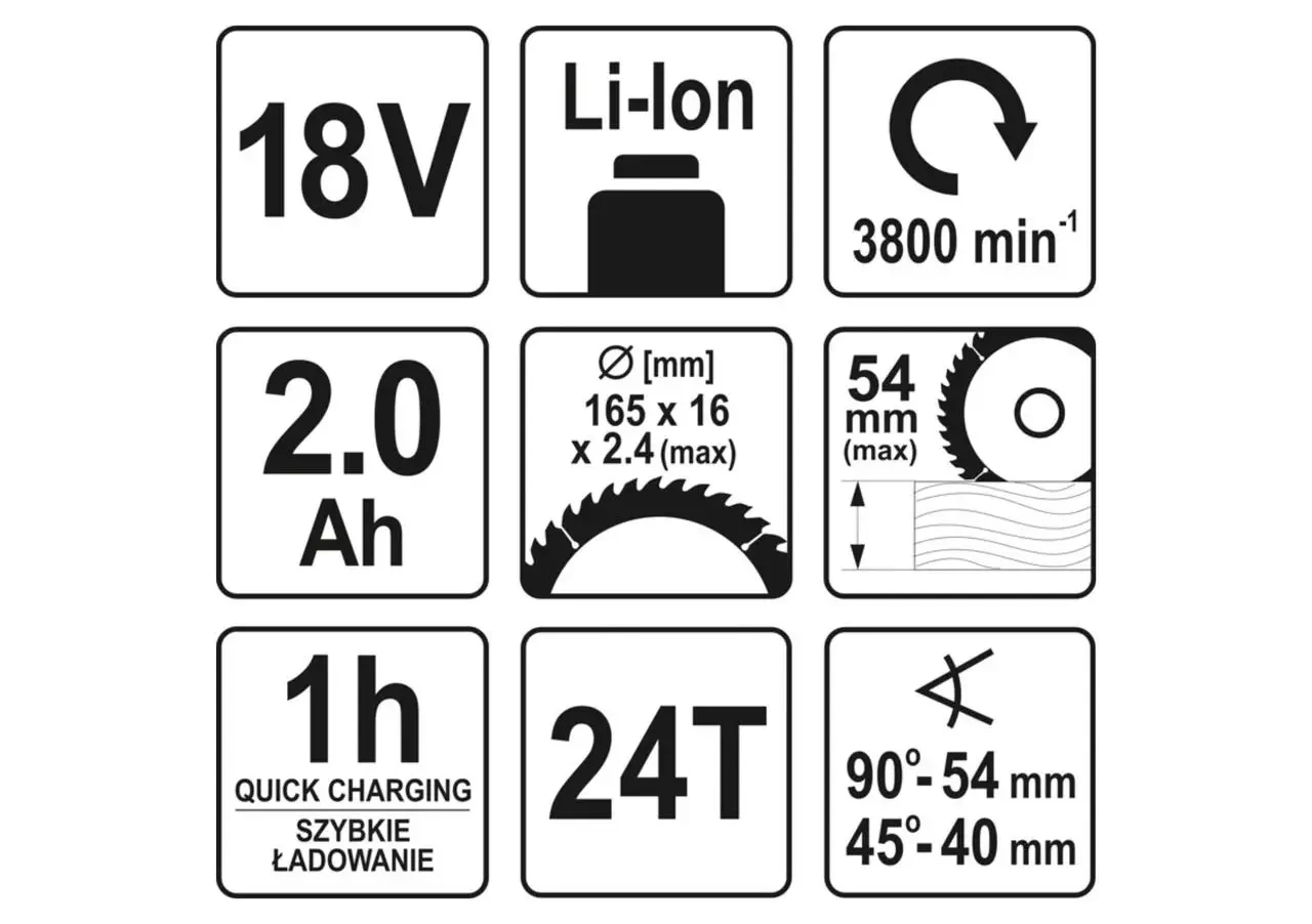 Пила дискова акумуляторна YATO YT-82810  Li-Ion 18 2 Ач диск 165 мм