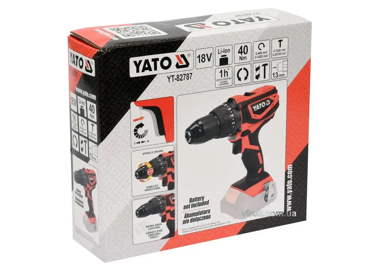 Шуруповерт-дриль ударний акумуляторний YATO YT-82787 18 ДО 40 Нм (без акумулятора і зарядного пристрою)
