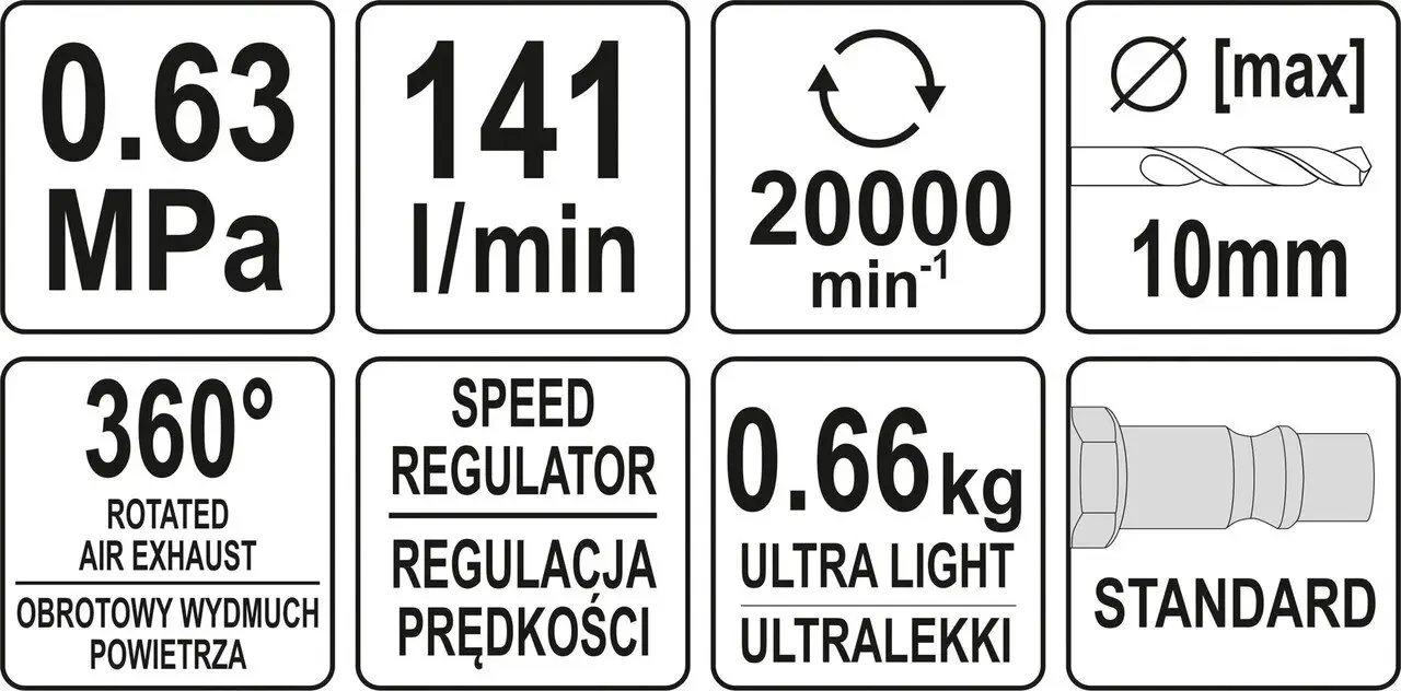 Дрель прямая пневматическая YATO YT-09695, 1/4