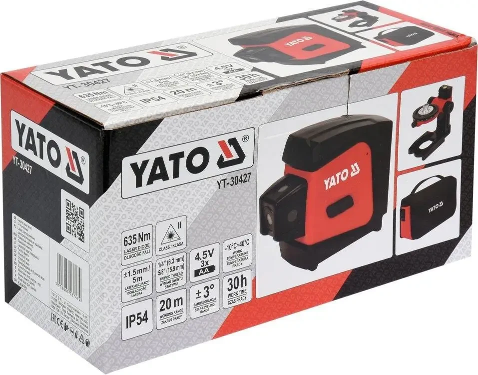 Нівелір лазерний лінійно-точковий стяжка YATO YT-30427, дальність - 20 м, точність- ±1.5 мм / 5 м