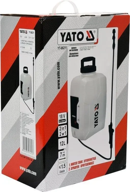 Обприскувач рюкзаковий акумуляторний YATO YT-86211: бачок-12 л, продуктивність-1,5 л/хв (БЕЗ АКУМУЛЯТОРА)