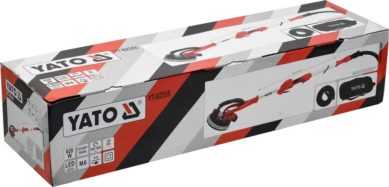 Шліфмашина для стін та стель YATO YT-82355 (820 Вт, 225мм, макс. L= 165см, LED, вбудований пилосос)