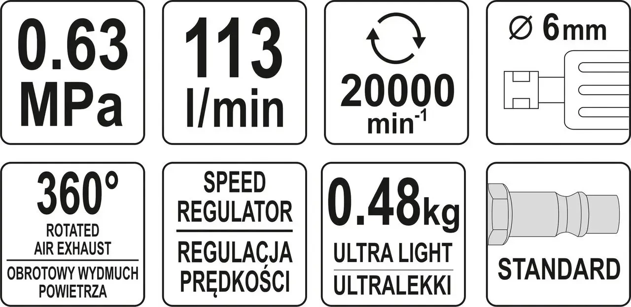 Кутова пневматична шліфмашина YATO YT-09676, 1/4