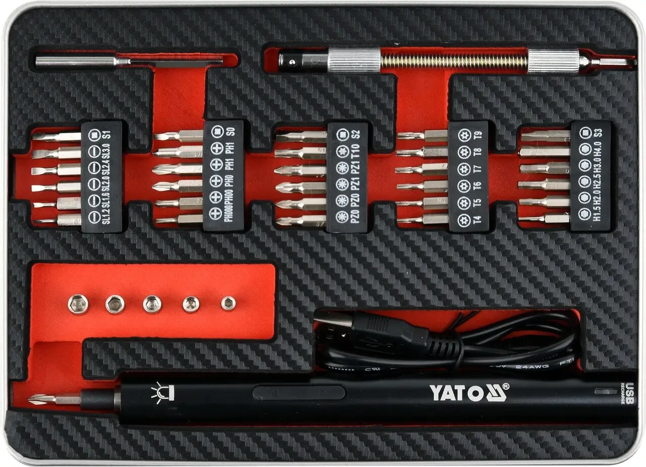 Викрутка акумуляторна з набором біт YATO YT-27930 (Li-Ion 3.6 В 450 мАгод LED-підсвічування HEX-1/4" 39 шт + кейс)