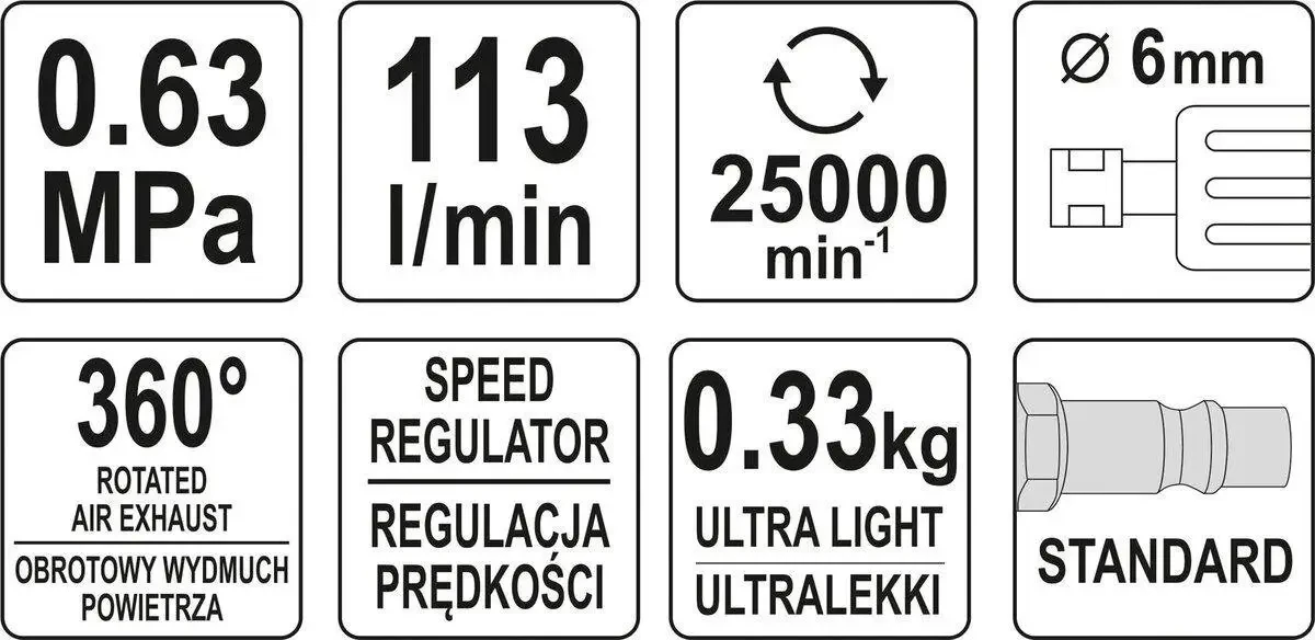 Прямая пневматическая шлифмашина YATO YT-09633, 1/4