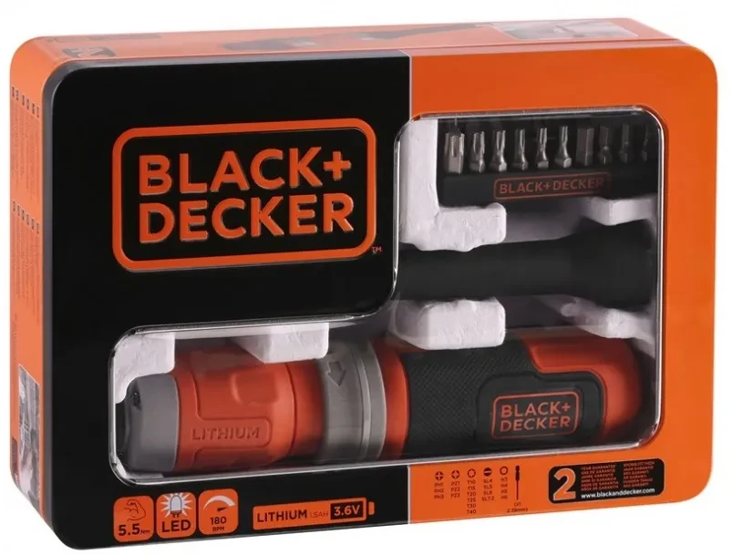 Отвертка аккумуляторная Black+Decker BCF603C-QW, 3,6 В; 1,5 АЧас, 5,5 Нм, патрон 6-гран 1/4