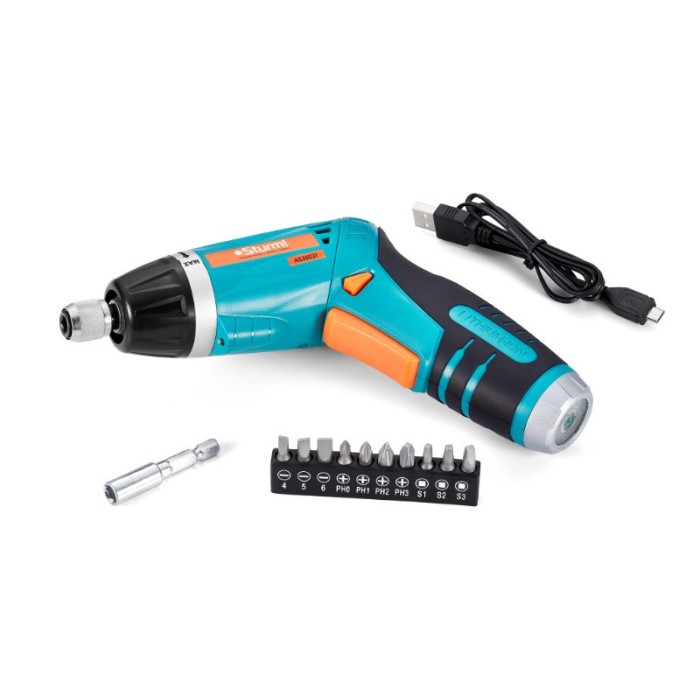 Акумуляторна викрутка з ліхтариком Sturm AS3503T, 3.6 В, 2,0 Ач, 5 Нм, поворотна ручка, набір біт