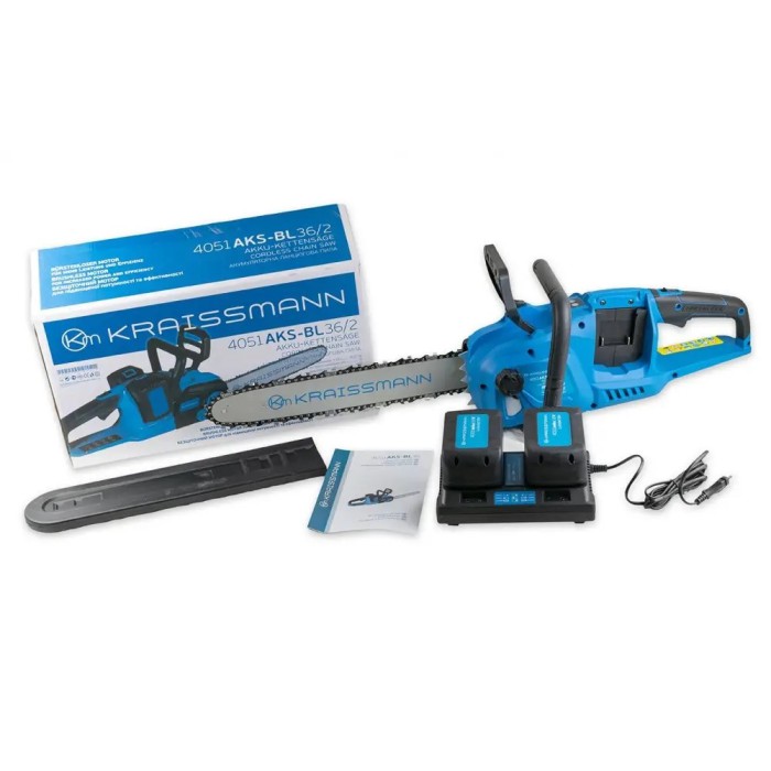 Акумуляторна ланцюгова пила Kraissmann 4051 AKS-BL 36/2, 2 АКБ, шина 405 мм, безщітковий двигун