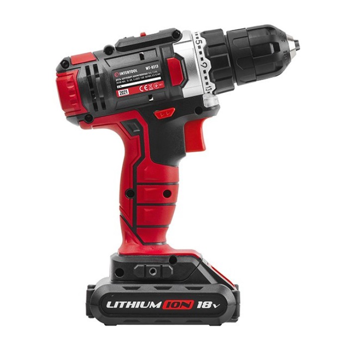 Дриль-шуруповерт акумуляторна INTERTOOL WT-0313, Li-Ion 18В, 25Nm, 2 швидкості: 0-400/0-1500 об/хв, 1 акк.