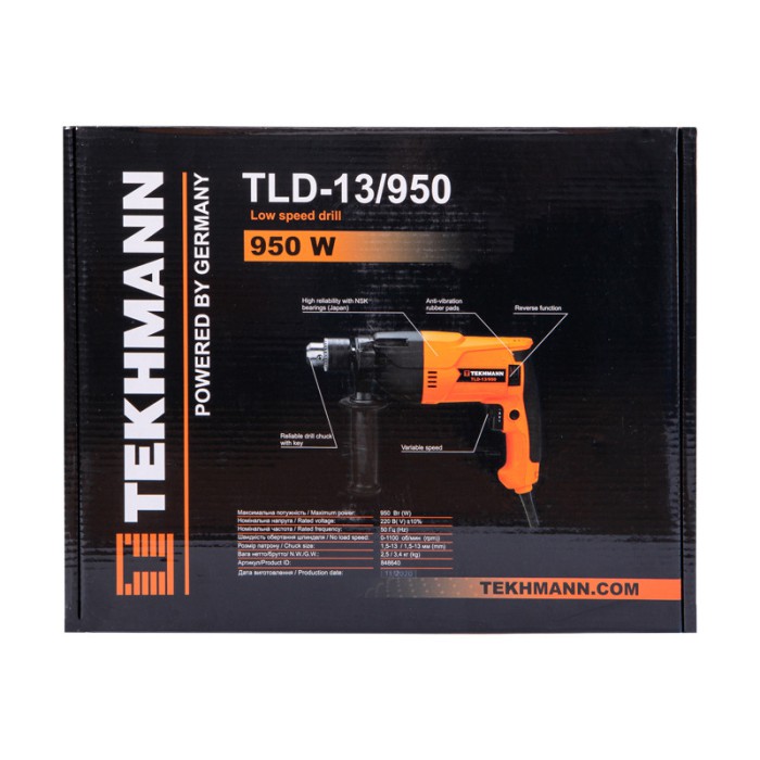Дрель низкооборотная Tekhmann TLD-13/950, 950 Вт, 0-1100 об/мин, ключевой патрон 13 мм, реверс
