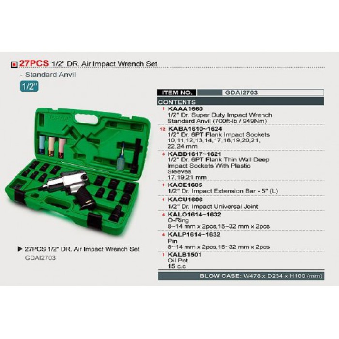 Гайковерт пневматичний з набором головок TOPTUL GDAI2703 (1/2