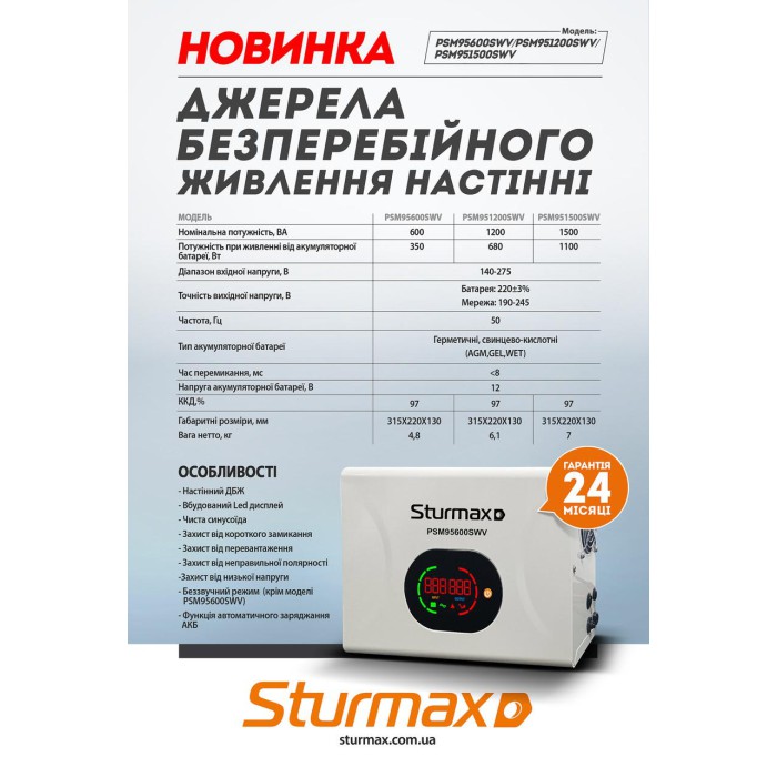 Источник бесперебойного питания LED 1200 ВA настенный Sturmax PSM951200SWV