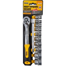 Набор насадок торцевых MASTERTOOL 78-3812, CrV 3/8” 10-24 мм, удлинитель 150 мм, трещотка 72Т, 12 шт