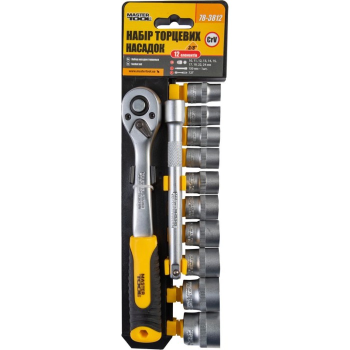 Набор насадок торцевых MASTERTOOL 78-3812, CrV 3/8” 10-24 мм, удлинитель 150 мм, трещотка 72Т, 12 шт