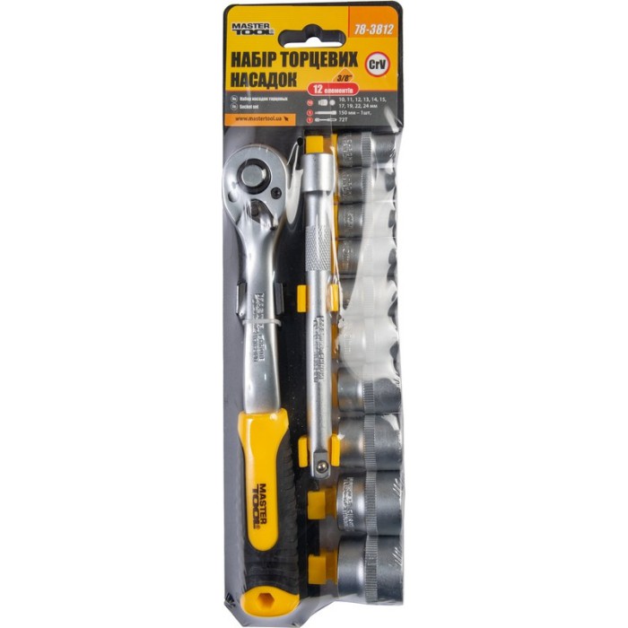 Набор насадок торцевых MASTERTOOL 78-3812, CrV 3/8” 10-24 мм, удлинитель 150 мм, трещотка 72Т, 12 шт
