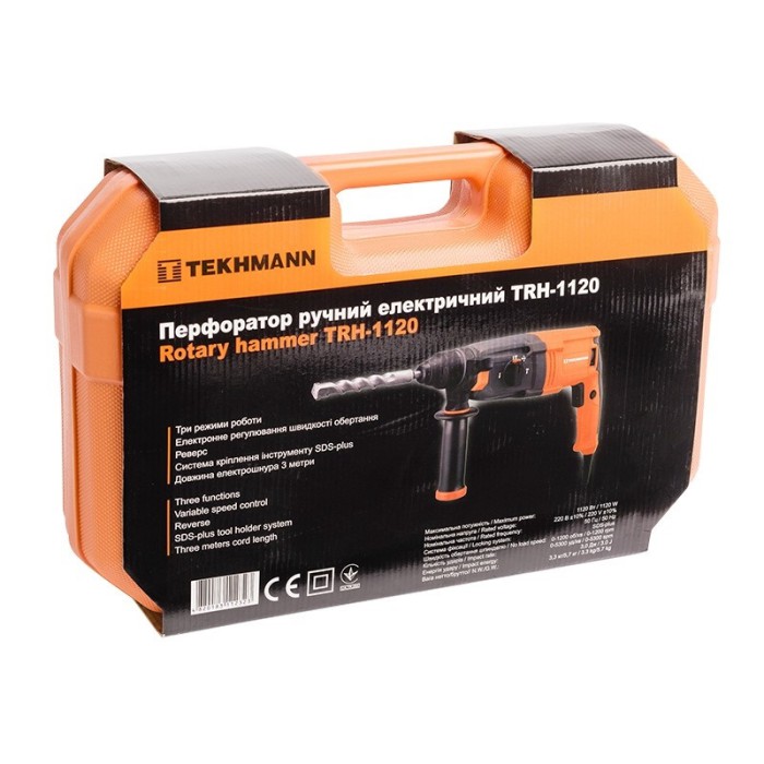 Перфоратор Tekhmann TRH-1120, 1120 Вт, SDS-plus, 1200 об/хв, 5300 уд/хв, 3 Дж, кейс, 3 режими