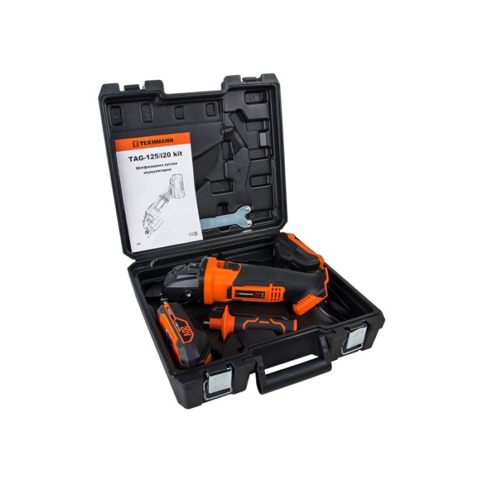 Акумуляторна кутова шлифмашина (болгарка) Tekhmann TAG-125/i20 kit, 20 В, 10000 об/хв, диск 125 мм, кейс