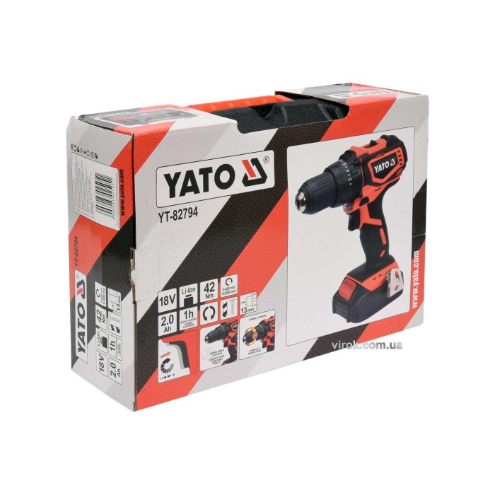Шуруповерт-дрель бесщеточный аккумуляторный YATO YT-82794  Li-Ion 18 В 2 Ач 42 Нм