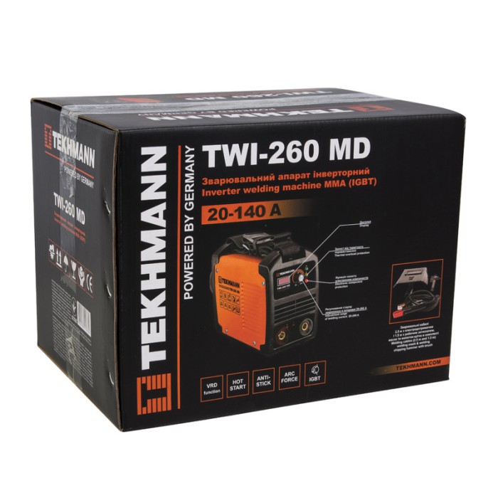 Сварочный аппарат Tekhmann TWI-260 MD, 220 В, 5.8 кВА, сварочный ток 20-140 А, диаметр электрода 1.6-3.2 мм