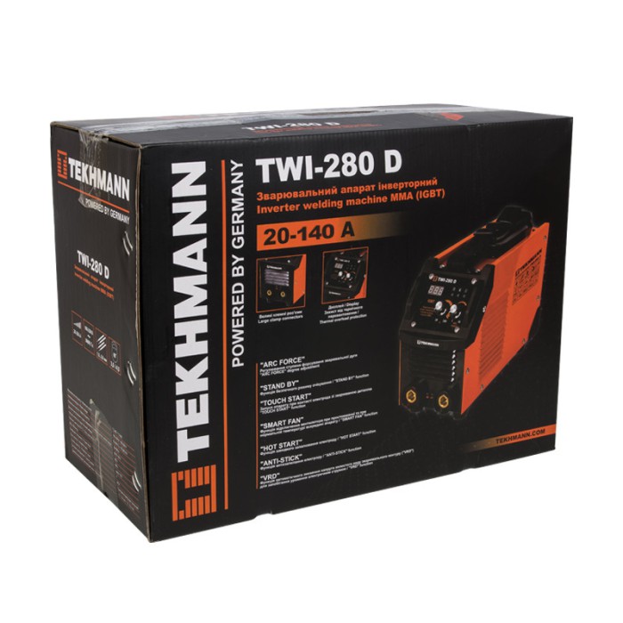Зварювальний інвертор Tekhmann TWI-280 D, 220 В, 7.5 кВт, зварювальний струм 20-280 А діаметр електродів 1.6-5.0 мм