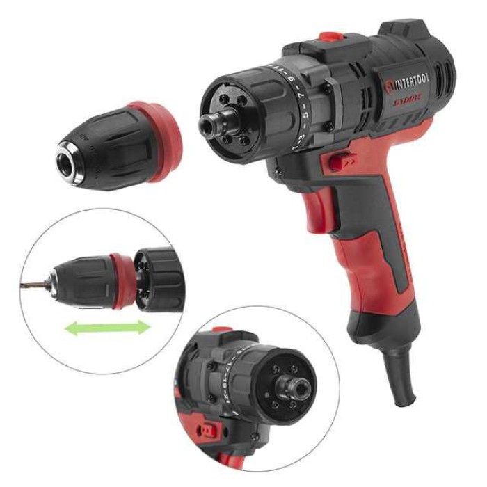 Дриль-шурупокрут електричний INTERTOOL WT-0110, 420 Вт, 0-1800 об/хв, 2 скор., 20 Nм, DFR патрон