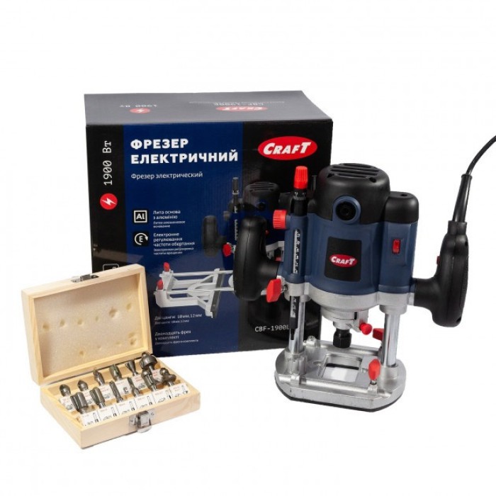 Фрезер Craft CBF-1900E, 1900 Вт, 6000-26000 об/хв, цанга 8/12 мм, набір фрез, регулювання обертів