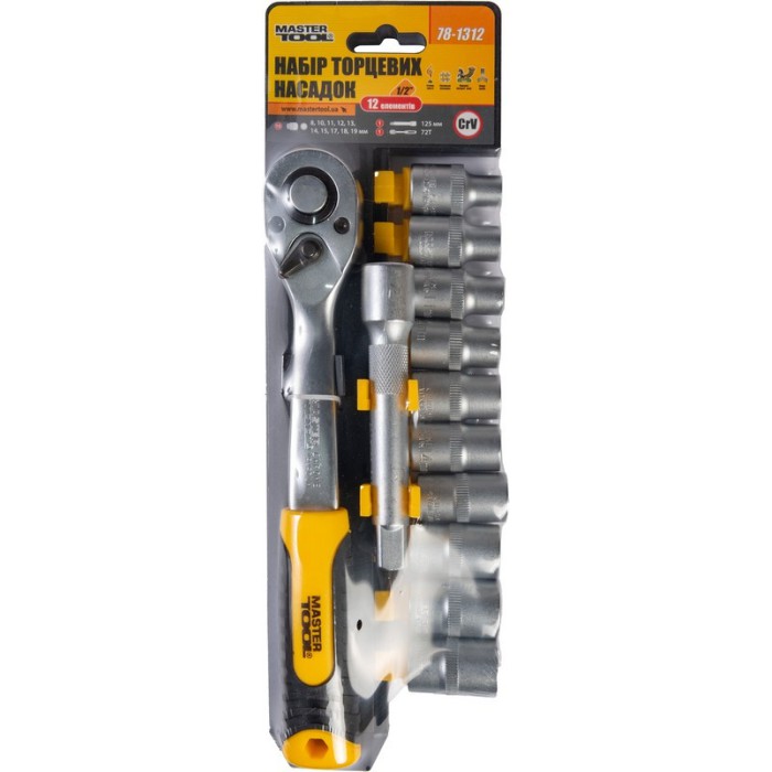 Набор насадок торцевых MASTERTOOL 78-1312, CRV 1/2” 8-19 мм, удлинитель 125 мм, трещотка 72Т, 12 шт