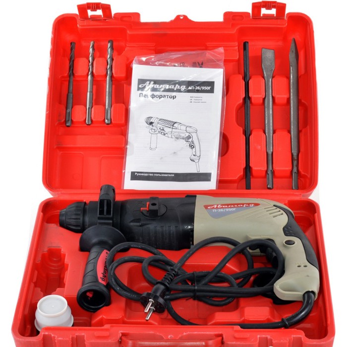 Перфоратор Авангард П-26/950Г, 950 Вт, SDS+, 3 режими, 900 об/хв., кейс, 3 Дж, 5200 уд/хв., аксесуари 5 шт Перфоратор Авангард П-26/950Г, 950 Вт, SDS+, 3 режими, 900 об/хв., кейс, 3 Дж, 5200 уд/хв., аксесуари 5 шт
