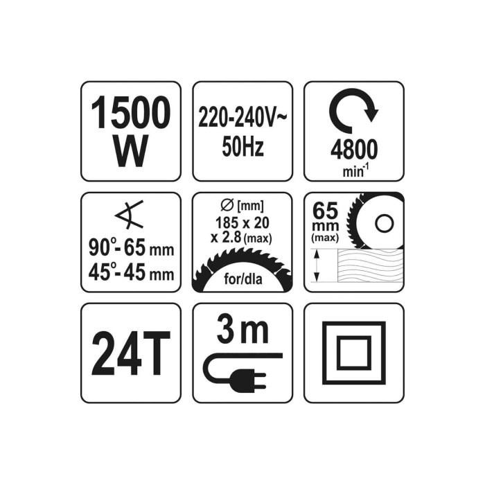 Пила дисковая сетевая YATO YT-82152 1500 Вт диск 185 x 20 x 2.8 мм 0-45° 65 мм