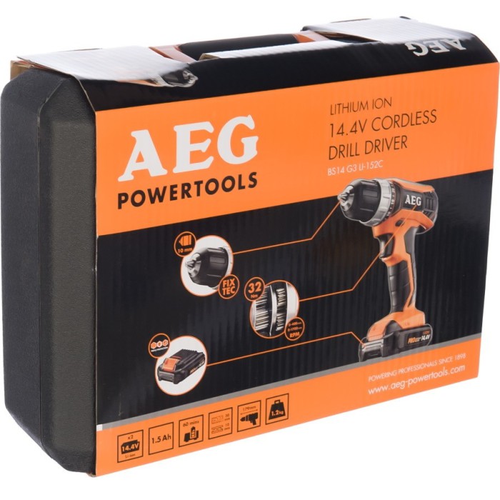 Шуруповерт-дрель аккумуляторный AEG BS 14G3 LI-152C, Li-Ion 14.4 В 1.5 Ач, 32 Нм, 2 акк., кейс, (4935451092)