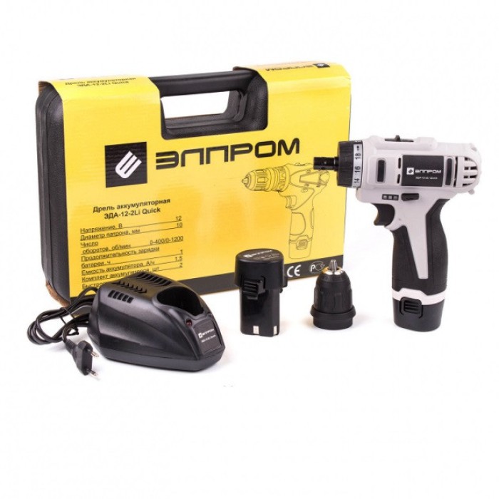 Шуруповерт акумуляторний Елпром ЕДА-12-2 Li Quick, 12 В, 2 акум., 1,5 А/год, DFR патрон, 2 швидкості, кейс