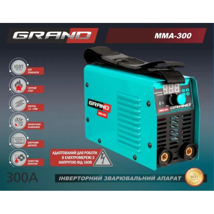 Сварочный инверторный аппарат Grand MMA-300, 6.9 кВт, дисплей, сварочный ток 20-300 А, электроды 1.6-4.0