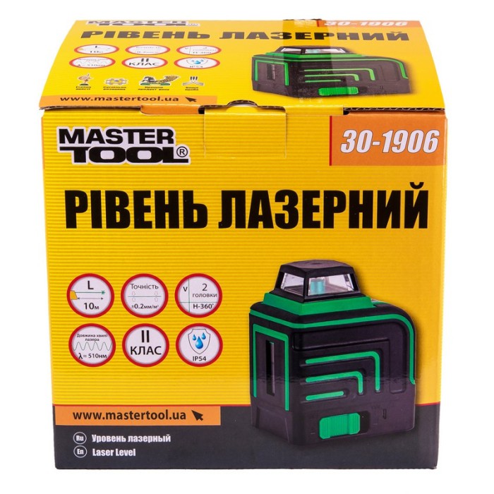 Уровень лазерный MASTERTOOL 30-1906, H360+V, 2 лазерные головки GREEN, 0.2мм/м, 10м, Li-ion, сумка
