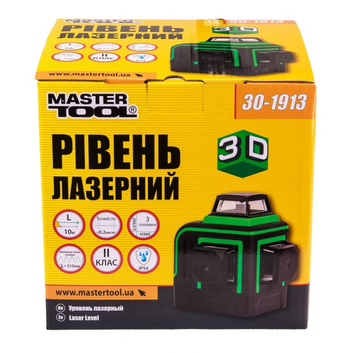 Уровень лазерный MASTERTOOL 30-1913, H360+2*V360, 3 лазерные головки GREEN, 0.2мм/м, 10м, Li-ion, сумка
