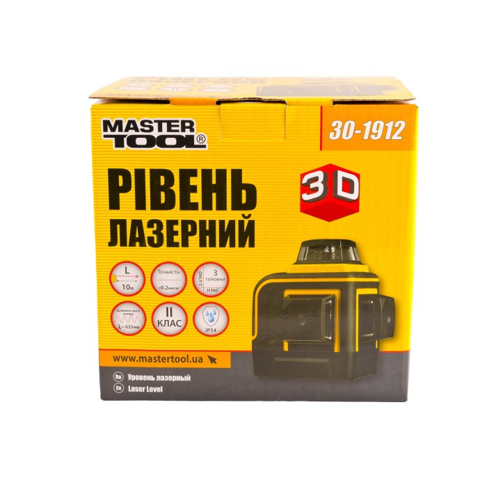 Уровень лазерный MasterTool 30-1912, H360+2*V360, 3 лазерные головки RED, 0.2мм/м, 10м, Li-ion, сумка
