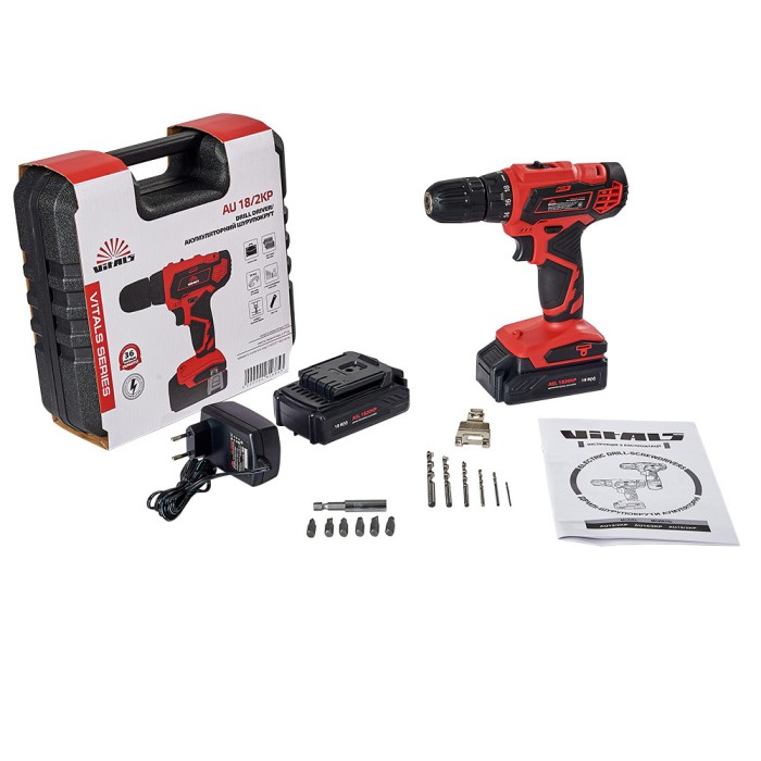 Дриль-шурупокрут акумуляторний Vitals AU 18/2KP, 18 В, 1400 об/хв, 2 А/год, 2 АКБ, кейс