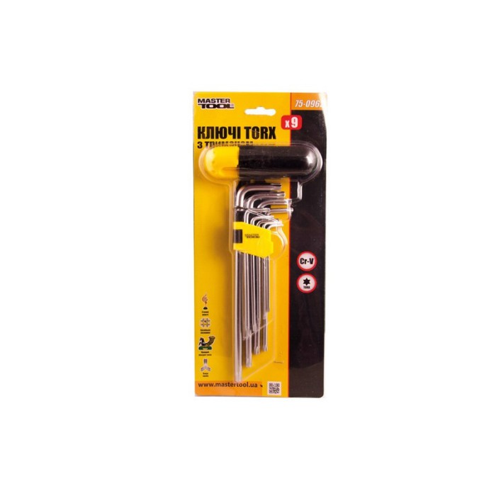 Ключи TORX с держателем MasterTool 75-0962, набор 9 шт CrV длинные (Т10-Т50 L90-227мм)