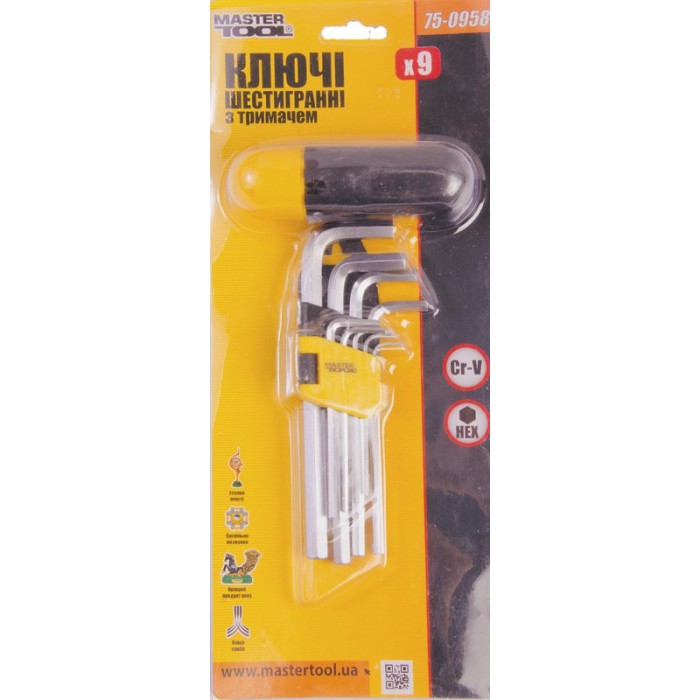 Ключі шестигранні з держателем MasterTool 75-0958, набір 9 шт CrV удл. (1,5-10мм L74-172мм)