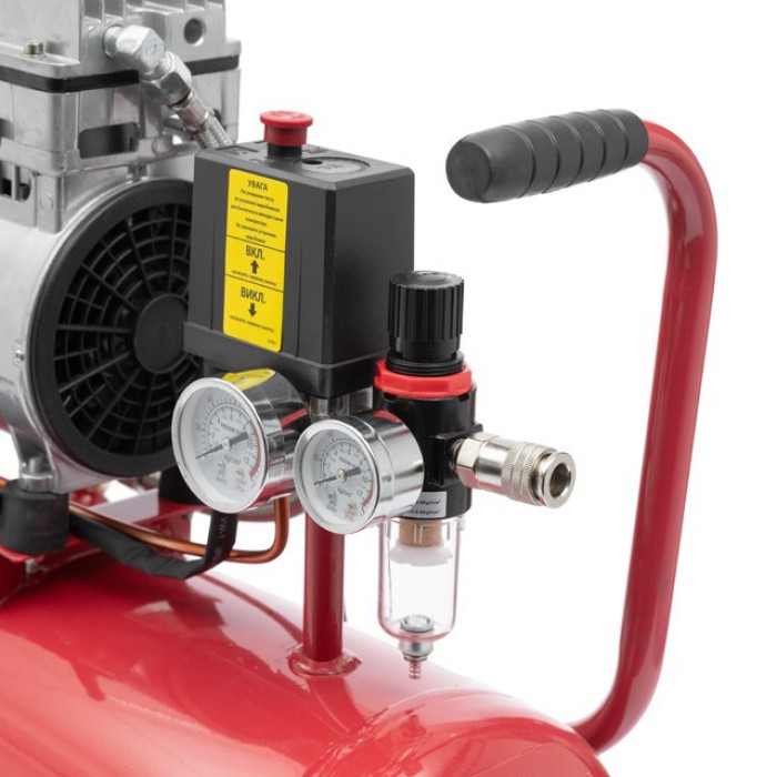 Компресор INTERTOOL PT-0022, 24 л, 1.1 кВт, 220 В, 8 атм, 145 л/хв, малошумний, безмасляний, 2 циліндра