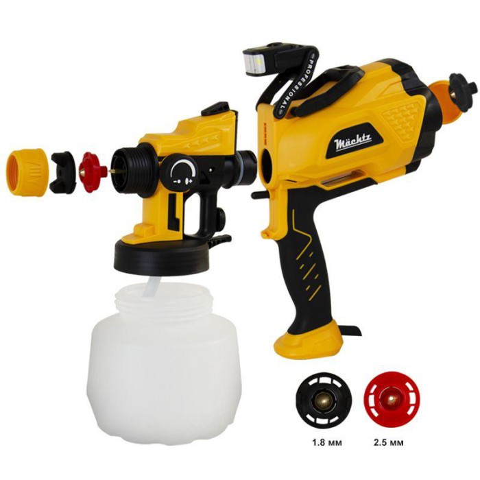 Краскопульт электрический Mächtz MSG-1210 L, 650 Вт, 2 форсунки, 1200 мл/мин, бачок 1,2 л, подсветка