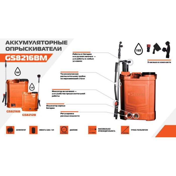Опрыскиватель аккумуляторный (16л) Sturm GS8216BM, с ручной подкачкой