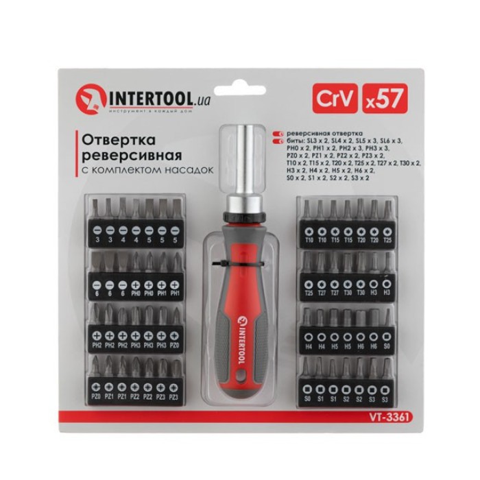 Отвертка реверсивная с комплектом насадок INTERTOOL VT-3361 57 ед