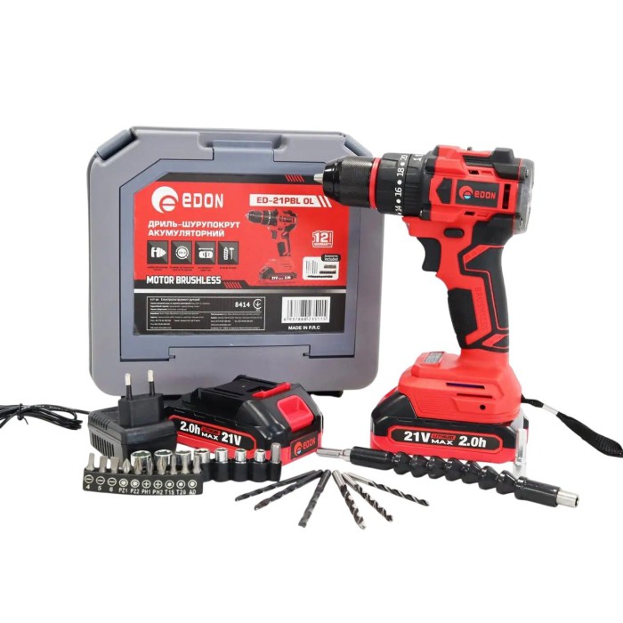 Аккумуляторный бесщеточный ударный шуруповерт Edon ED‑21PBL OL, 21В, 2 АКБ, 2 А/ч, 40 Нм,  кейс, набор бит