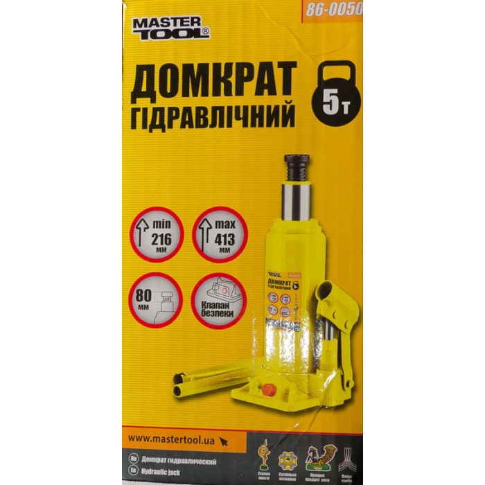 Домкрат гидравлический бутылочный MasterTool 86-0050, 5 т, 216-413 мм