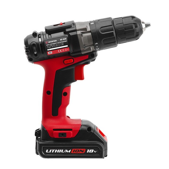 Дриль-шуруповерт акумуляторна INTERTOOL WT-0328, Li-Ion 18В, 35Nm, 2 швидкості, 0-400/0-1500об/хв, 2 акк.,