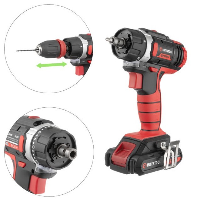 Дриль-шуруповерт акумуляторна INTERTOOL WT-0317, Li-Ion 18, 25 Nm, 0-400/0-1500 об/хв, 2x2.0 Ач