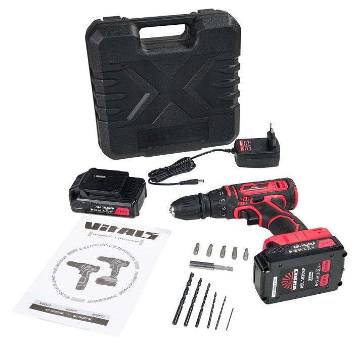 Шуруповерт акумуляторний Vitals AU 18/2KP QC, 18, 2 акк., 2 швидкості, DFR патрон, кейс, LED підсвічування