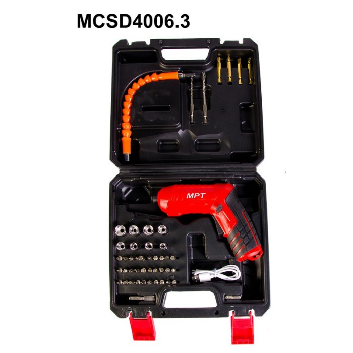 Отвертка аккумуляторная поворотная MPT MCSD4006.3, 4V, Li-ion,1.5 Ач, 250 об/мин,3.5 Нм, реверс,USB, кейс