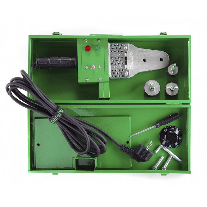 Паяльник для пластикових труб APRO P-6, 800 Вт, 3 насадки, регулятор температури, кейс.